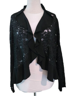 R&M Richards Black Lace Sequin Shrug Bolero 3X Ruffle Collar Evening Jacket USA